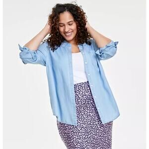 On 34th Women's Chambray Shirt Plus Size 0X Long Sleeve Casual Button Blue Top